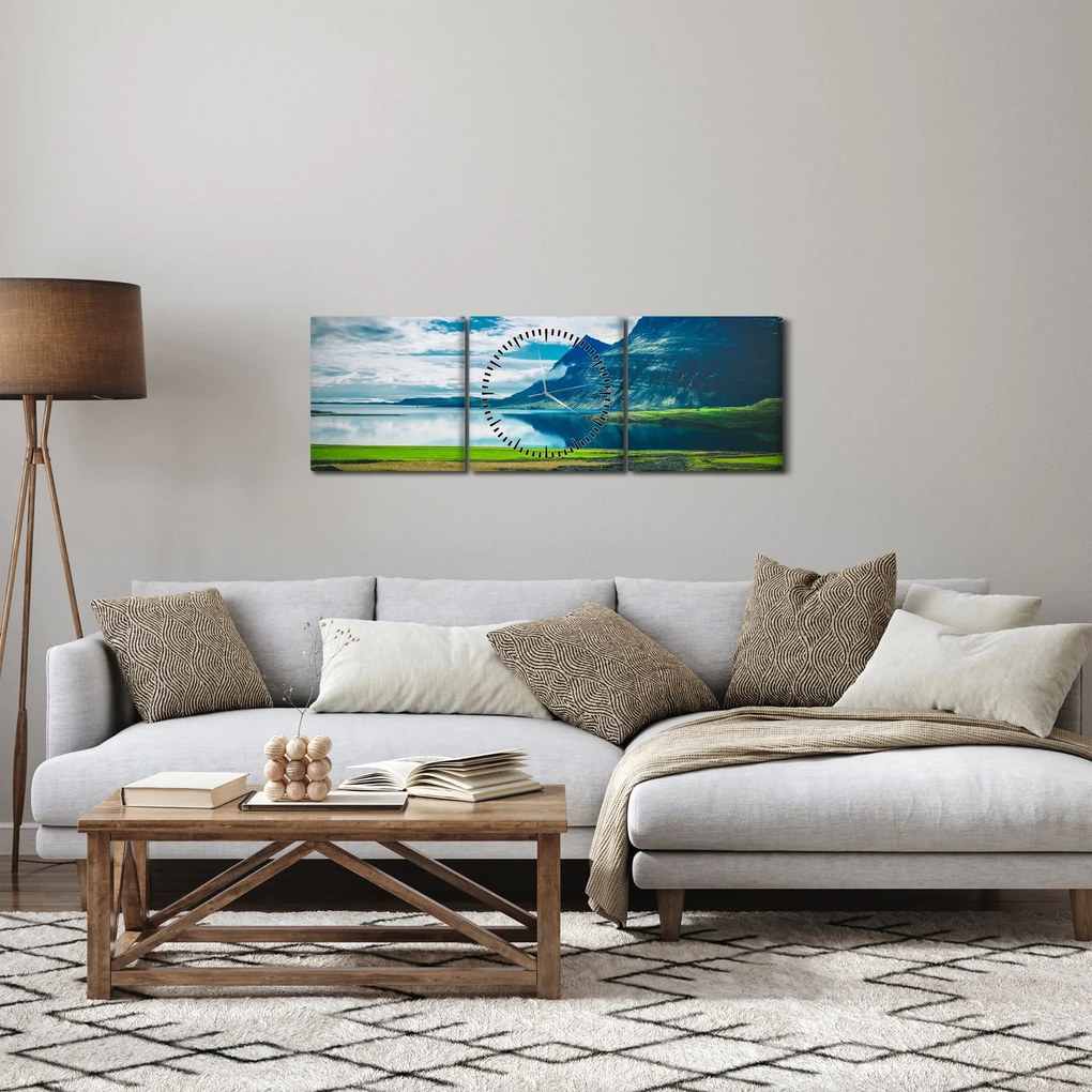 Obraz jeziora z górami (z zegarem) (90x30 cm)