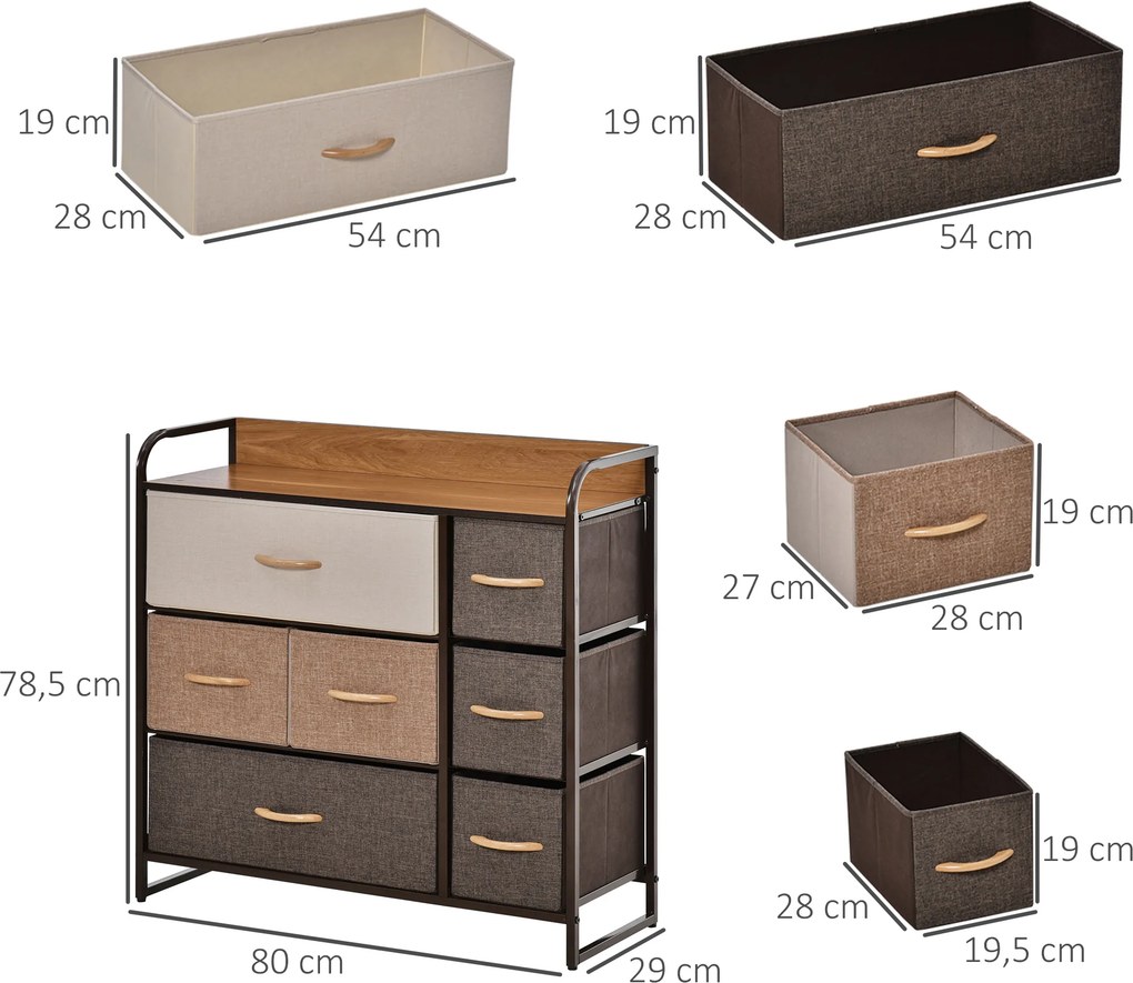 HOMCOM Komoda z 7 szufladami z tkaniny lnianej z metalowym stelażem do salonu, 80x29x78,5 cm | Aosom PL