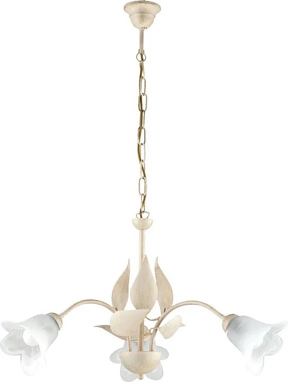 Olga – żyrandol z lakierowanego żelaza w kolorze kości słoniowej, dekor stare złoto, klosze z białego szkła alabastrowego Ø14 cm, 3 światła