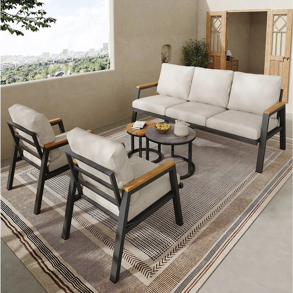 Zestaw mebli ogrodowych, 5 miejsc, sofa 3-osobowa, 2 fotele i 2 stoliki kawowe, na zewnątrz, stal ocynkowana, szary