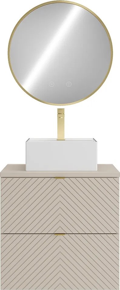 Wisząca szafka łazienkowa z nablatową umywalką kwadratową, baterią i lustrem - Beżowa - 60 cm - DORIONI