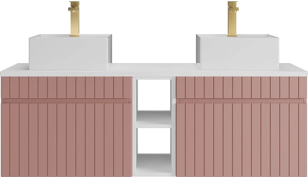 Wisząca, prążkowana szafka łazienkowa z wnękami, podwójną kwadratową umywalką nablatową i baterią – Różowa – L140 cm – SATARA
