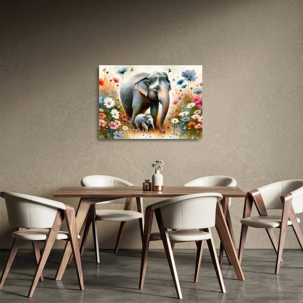 Obraz na szkle - Słoniowa mama, akwarela (70x50 cm)