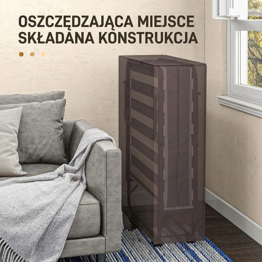 HOMCOM Łóżko Składane, Materac, 4 Koła, Stelaż Metalowy, do 150 kg, 190 x 80 x 42 cm, Ciemnoszary