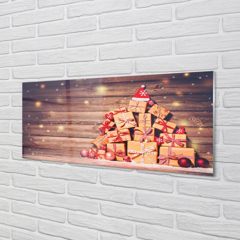 Panel szklany do Kuchni Świąteczne Prezenty na Drewnie