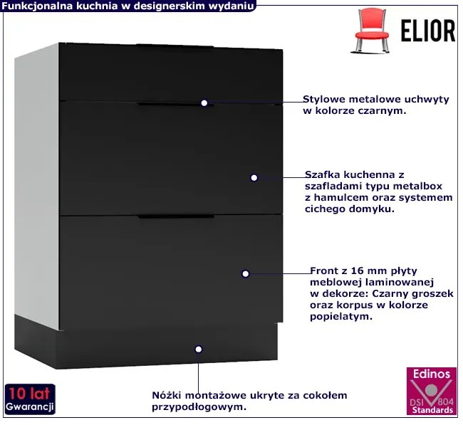 Czarna szafka kuchenna z 3 szufladami - Carbon 13X