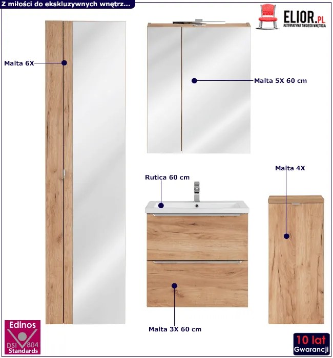 Komplet podwieszanych szafek łazienkowych z umywalką 60 cm - Lunios 3Q Dąb
