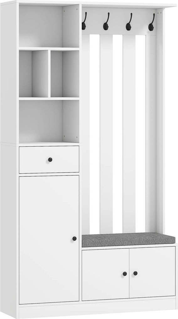 HOMCOM Szafa garderobiana 180 cm z wieszakiem, ławką na buty, 4 haczykami, otwartymi półkami, MDF, Biały