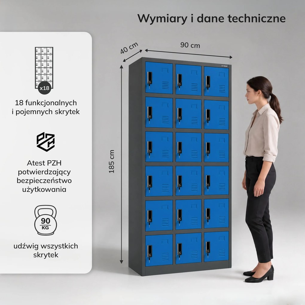 Szafka pracownicza skrytkowa 18-skrytkowa antracytowo-niebieska, 900x1850x400 mm: KAROL