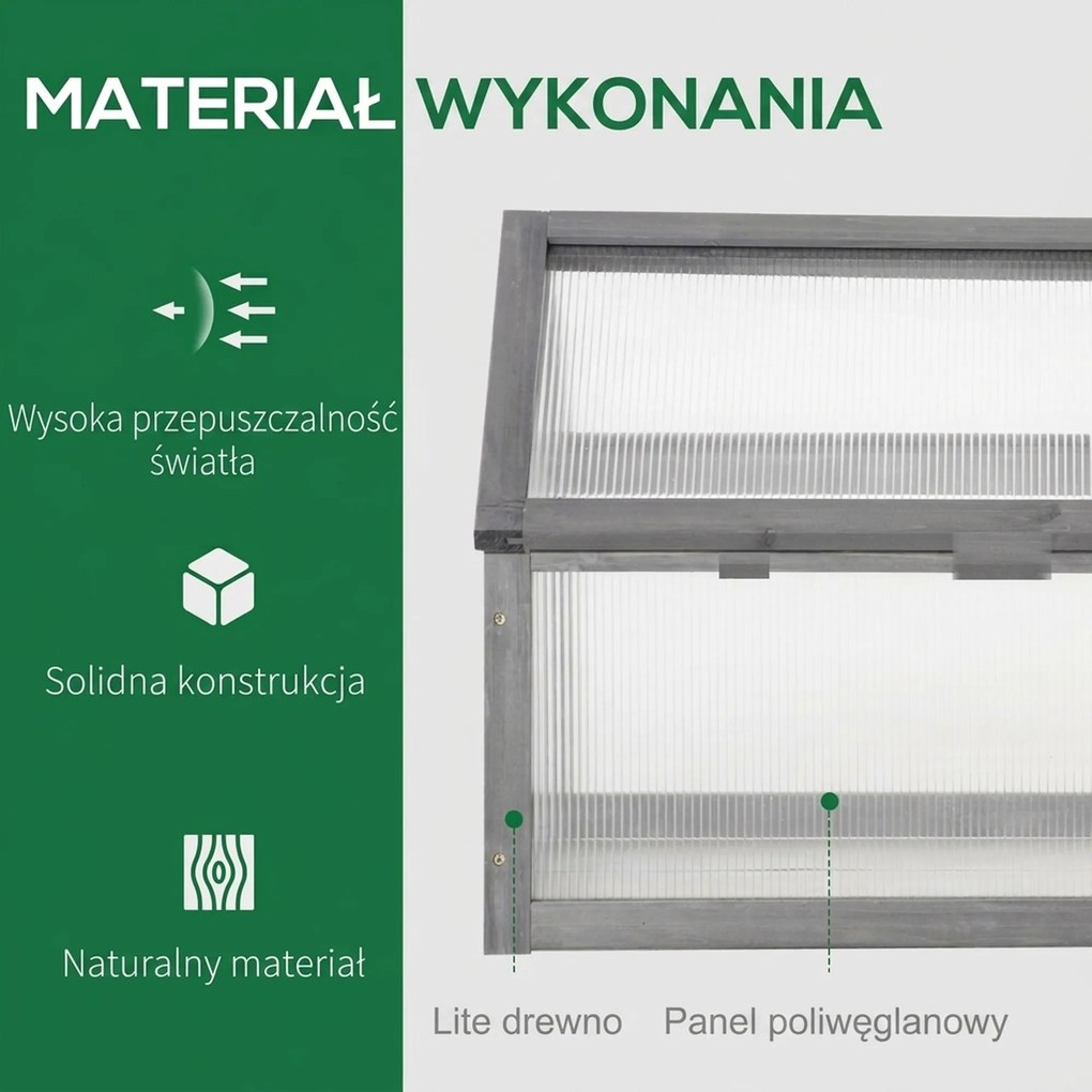 Outsunny Mini Szklarnia, Kompaktowy Domek dla Roślin z Drewna, Płyty Polikarbonatowe, Otwierany Dach, 90Dł x 52Szer x 49,5Wys cm, Szary