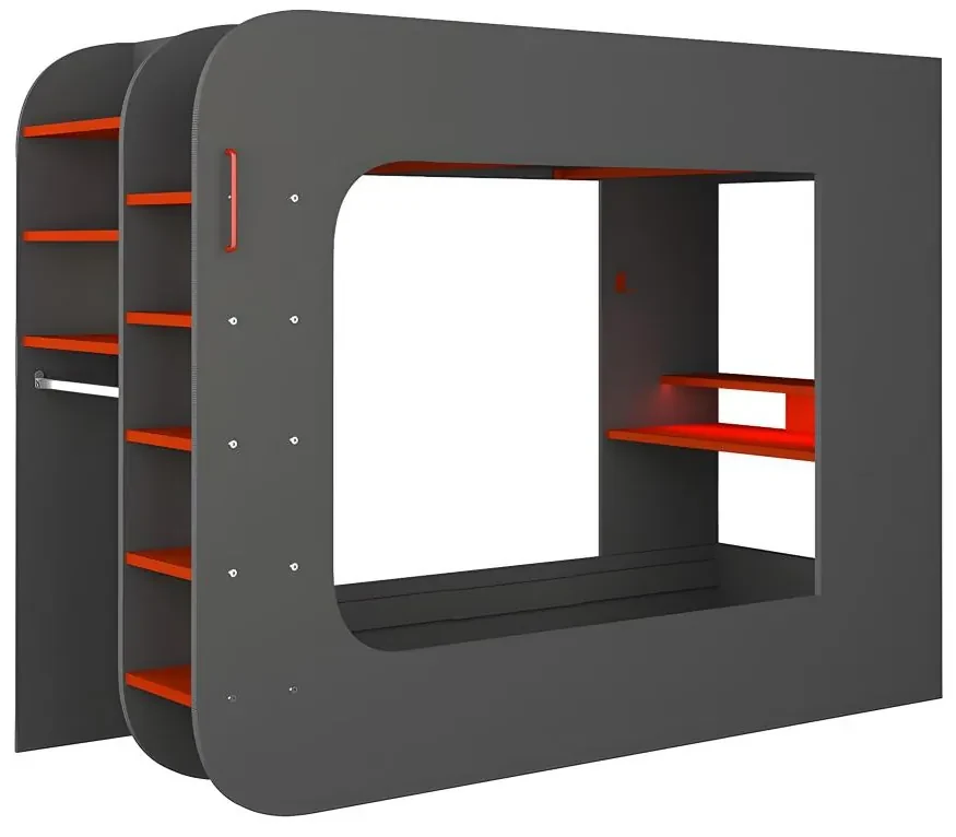 Łóżko na antresoli gamer 90 x 200 cm - Z biurkiem i miejscem do przechowywania - Z diodami LED - Kolor antracytowy i czerwony - WARRIOR