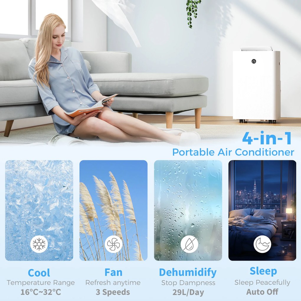 HOMCOM Przenośny klimatyzator 12 000 BTU, 4 w 1: chłodzenie, osuszanie, wentylacja, tryb snu, sterowanie WiFi i głosowe | Aosom PL