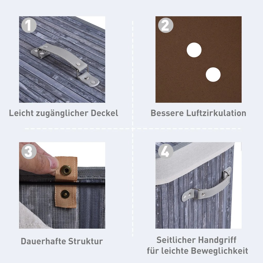 HOMCOM Elegancki Kosz na Pranie z Bambusa z Podziałem na Jasne/Ciemne Ubrania, z Pralnym Workiem, Szary