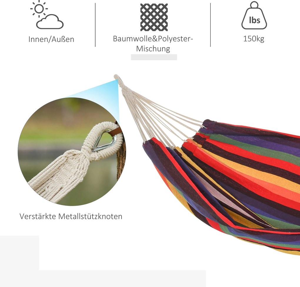 Kolorowy Hamak Outsunny z Bawełny i Poliestru z Torbą na Sprzęt, Wielobarwne Paski, 290 x 150 cm