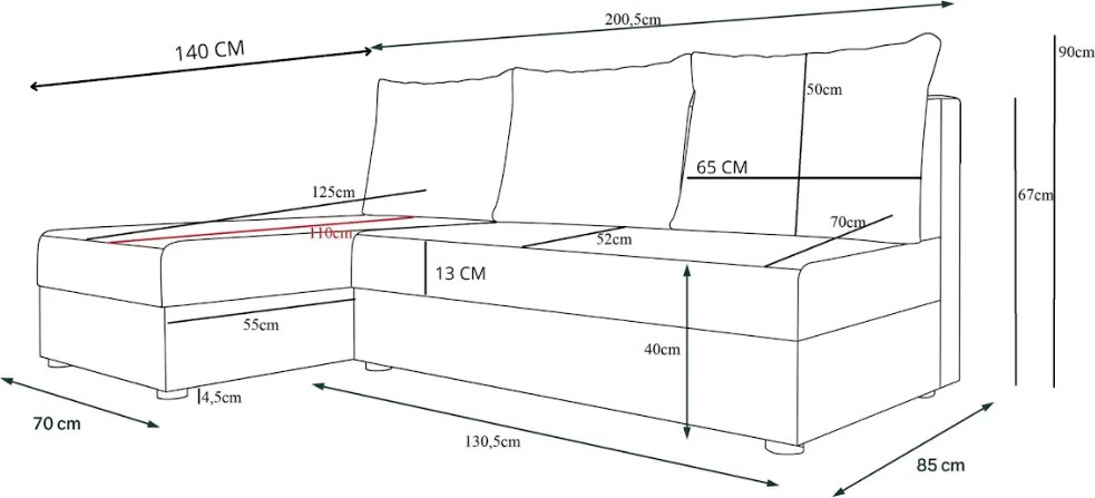 Rozkładana narożna sofa VALERIO SLIM 200x140 cm, ciemnoszara, uniwersalna + 2 poduszki GRATIS