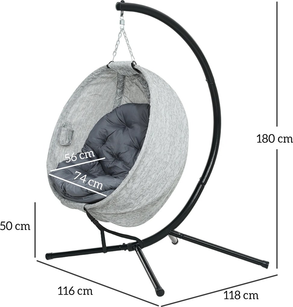 Outsunny Jajowaty kosz huśtawkowy, huśtawka z funkcją huśtania i składanym koszem, krzesło ogrodowe, uchwyt na kubek, Szare