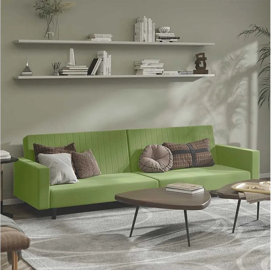 Rozkładana Sofa w Kolorze Jasnozielonym z Weluru na 2 Miejsca - Konwertowalna w Łóżko - Solidna Drewniana Konstrukcja - Wielofunkcyjna i Wygodna