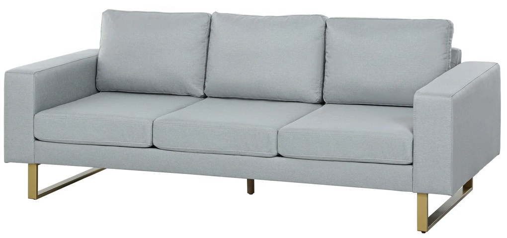 HOMCOM Sofa 3-osobowa z ramą z litego drewna, metalowe nóżki, minimalistyczny design, Jasnoszary