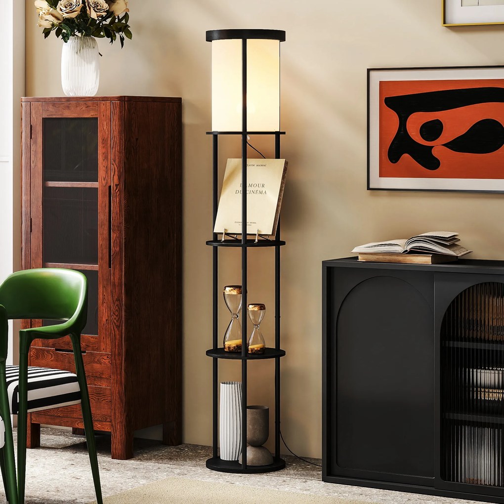 HOMCOM Lampa stojąca z 3 półkami, okrągły design, pilot zdalnego sterowania, włącznik nożny, regulowana temperatura barwowa, do salonu, Czarny