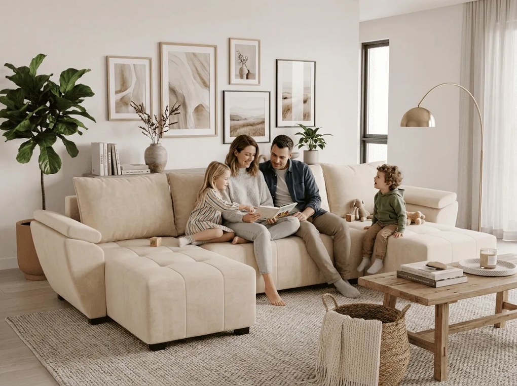 PROMOCJA Rozkładana sofa w kształcie U LIVARO 305x140 cm, kremowa II. jakość