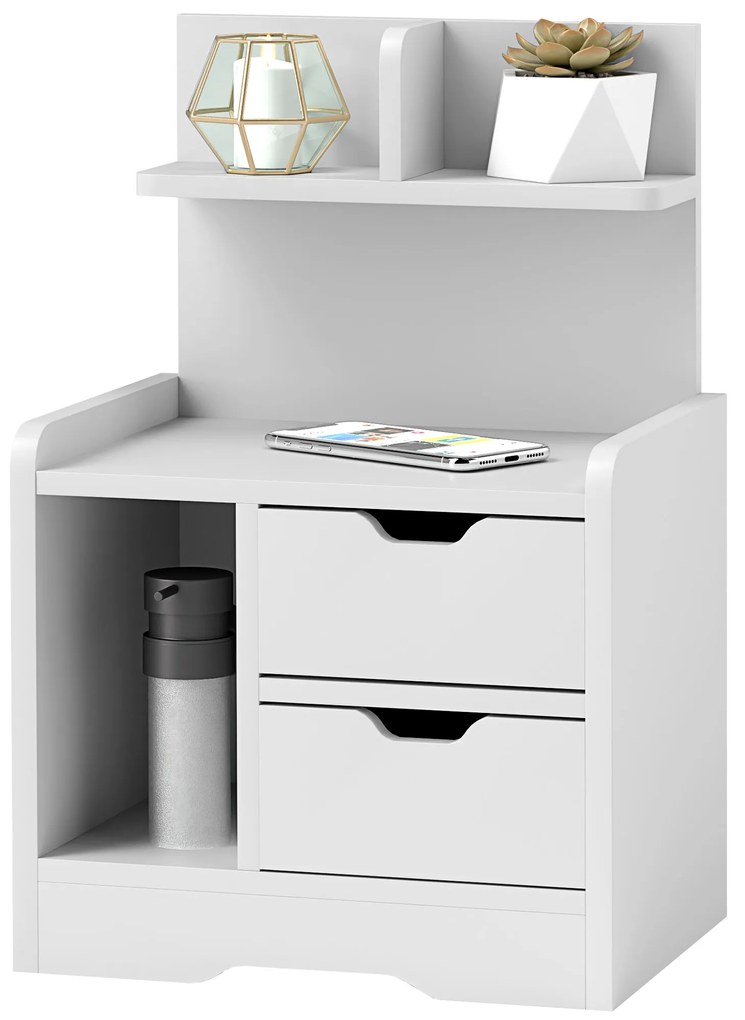 HOMCOM Stolik Nocny z 2 Szufladami i Otwartą Półką, 40x30x60 cm, Biały