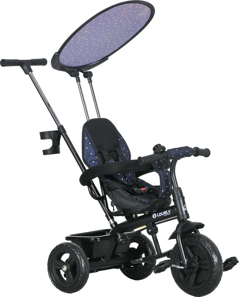 HOMCOM 6-w-1 Trójkoło dla dzieci z rączką do pchania, daszek, pasy, koszyk, dla dzieci 1-5 lat, Kolor Granatowy