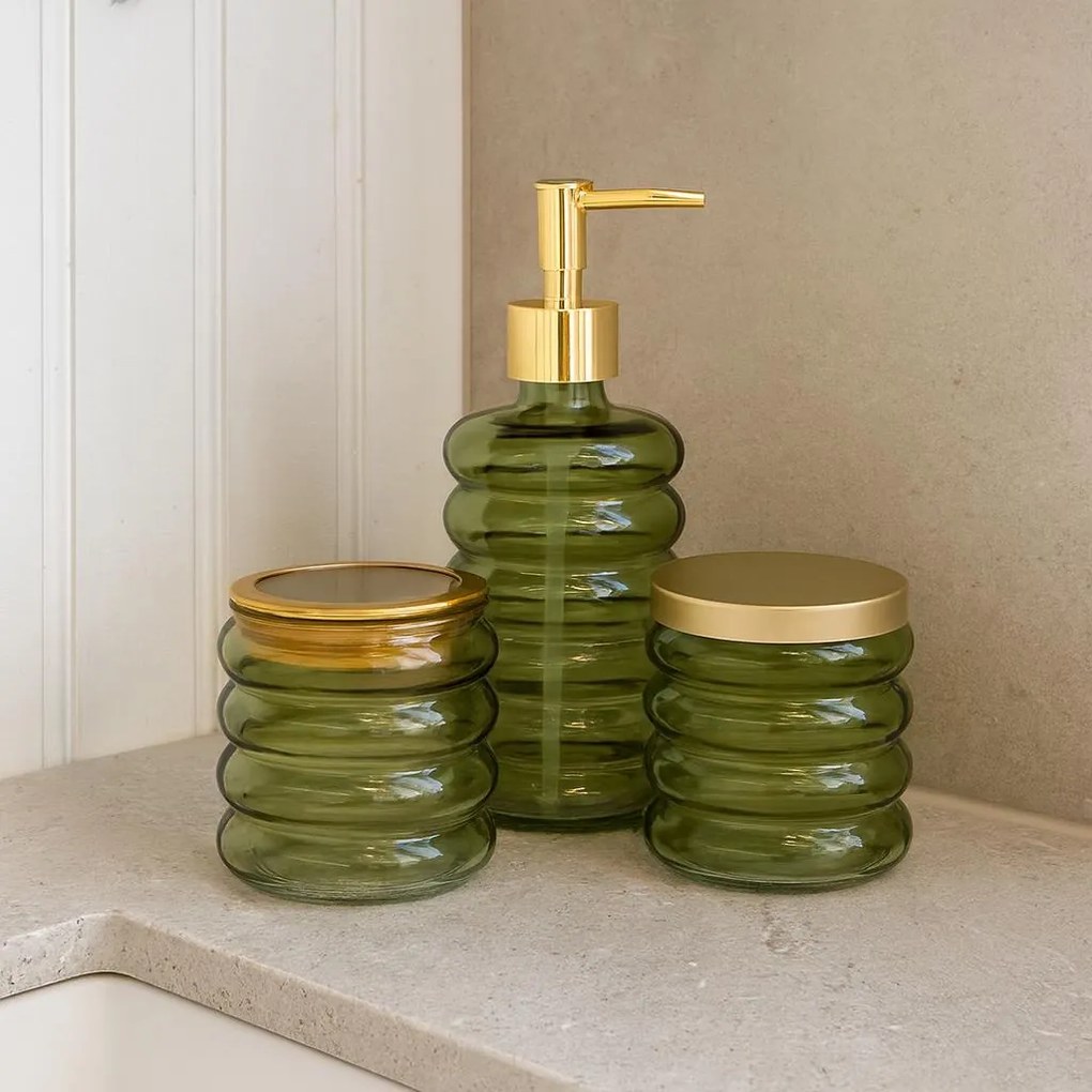 Zestaw łazienkowy HUM, szklany dozownik, kubek, pojemnik, 3 elementy