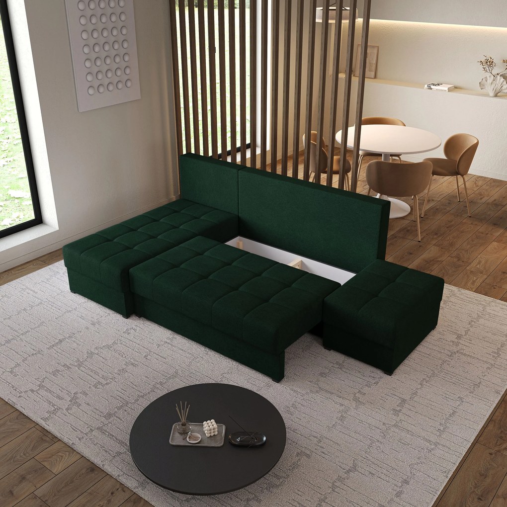 Masseno Narożnik NORVI z funkcją spania i pojemnikiem na pościel Narozniki L, Rozkładana sofa - Zielony, NEVE 37