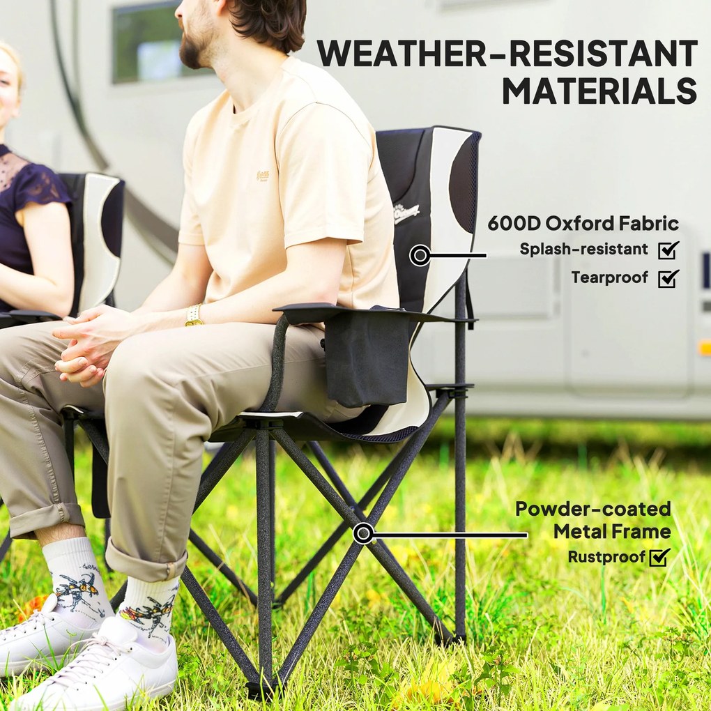 Outsunny Zestaw 2 Składanych Krzeseł Kempingowych z Podłokietnikami, Uchwytem na Napój i Chłodziarką, Czarne