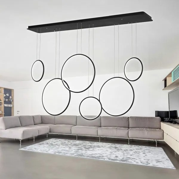 Szeroka lampa wisząca do salonu Ledowe Okręgi No.8 w stylu designerskim czarna