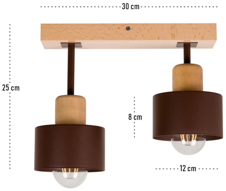 Brązowa lampa sufitowa, dwupunktowy spot DBR30x7BU z drewna i metalu E