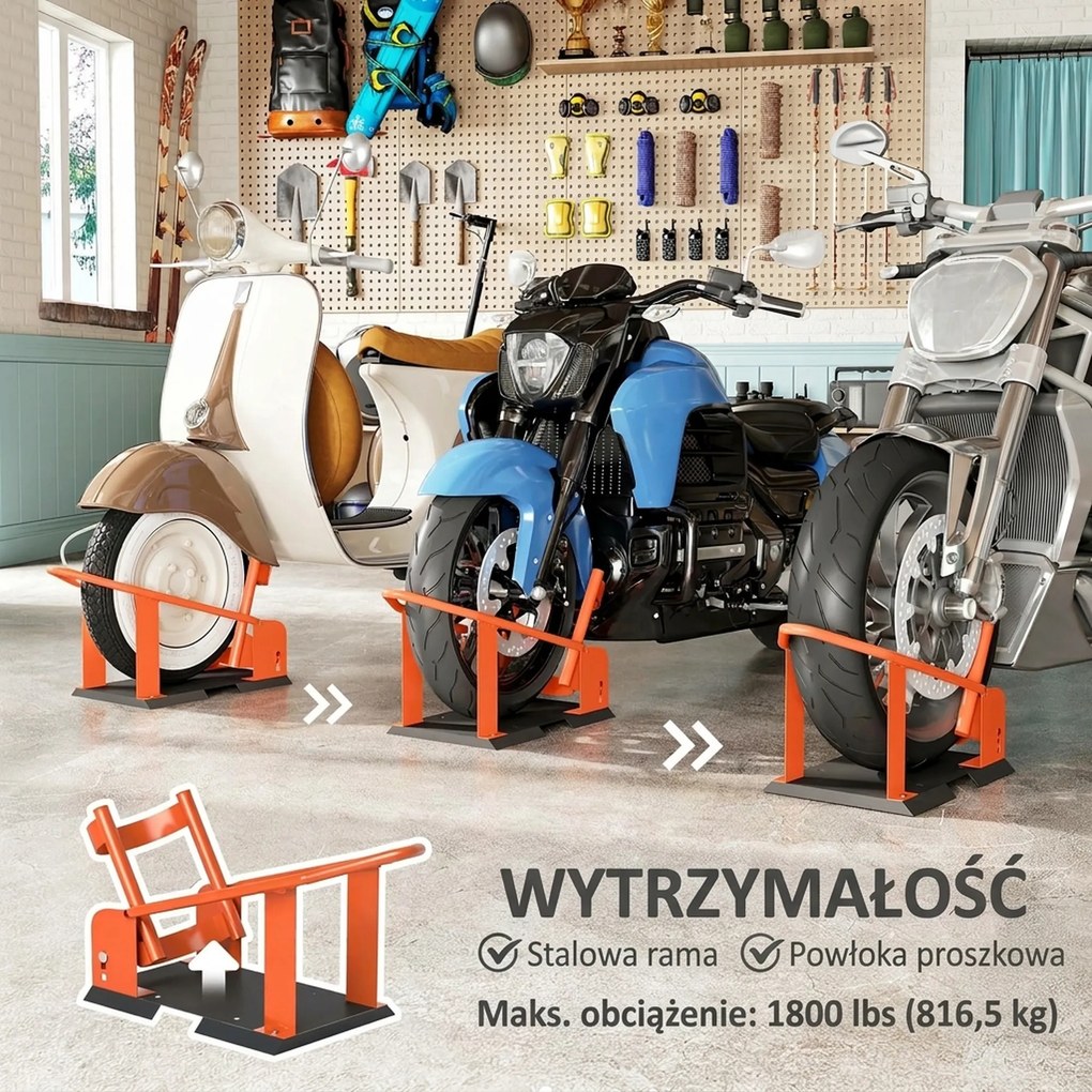HOMCOM Stojak motocyklowy do przedniego koła 38,1-53,34 cm, 381-533,4 mm, regulowany klocek pod koło, nośność 816,5 kg, Pomarańczowy | Aosom PL