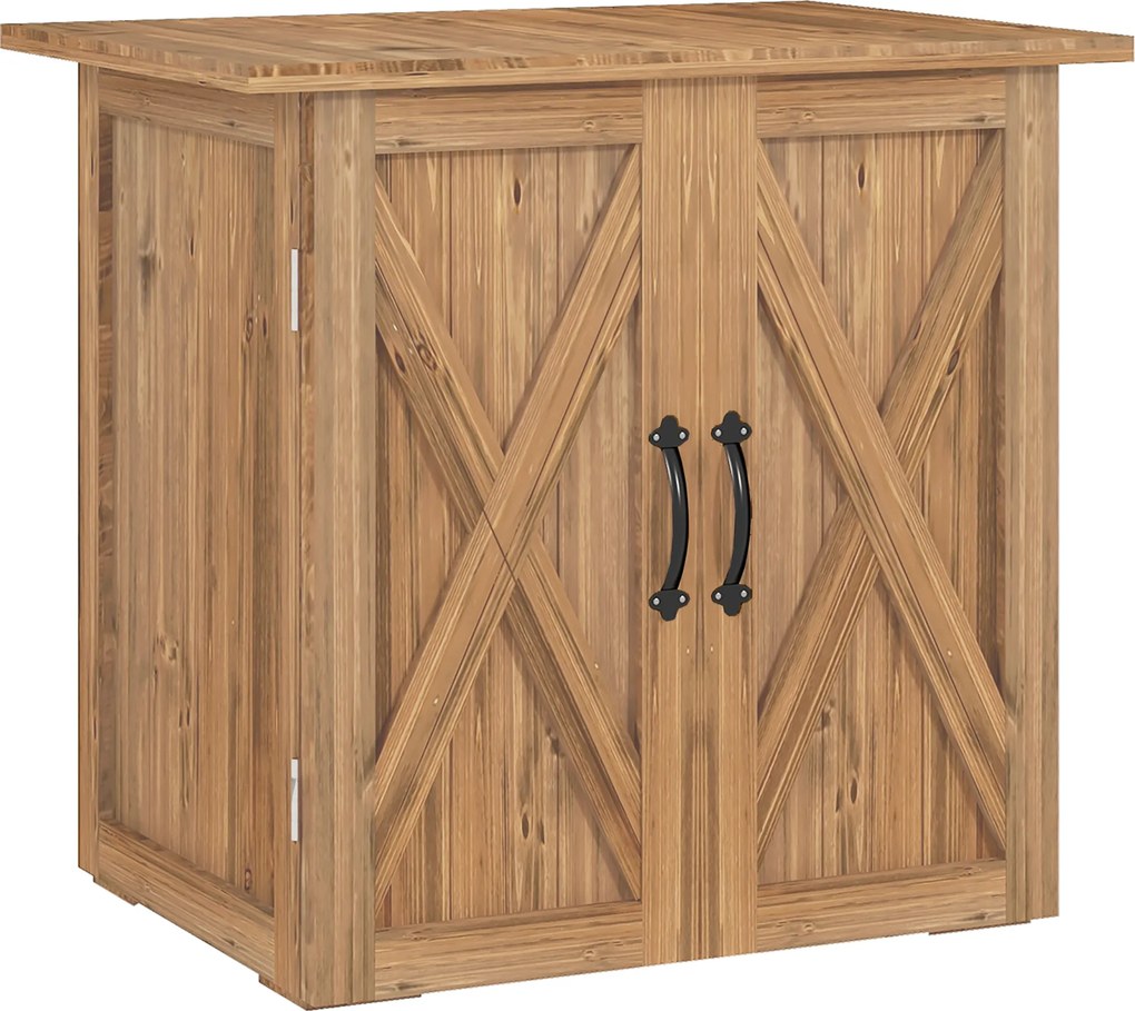 Outsunny Szafka na Narzędzia Ogrodowe z Podwójnymi Drzwiami, Zamknięcie Magnetyczne, Odporna na Warunki Pogodowe, Drewno Naturalne, 77S x 55G x 72W cm, Brązowy