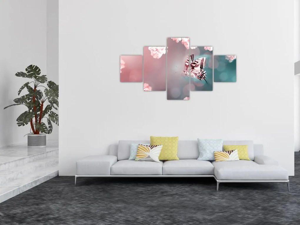 Obraz - Motyl wśród kwiatów (125x70 cm)