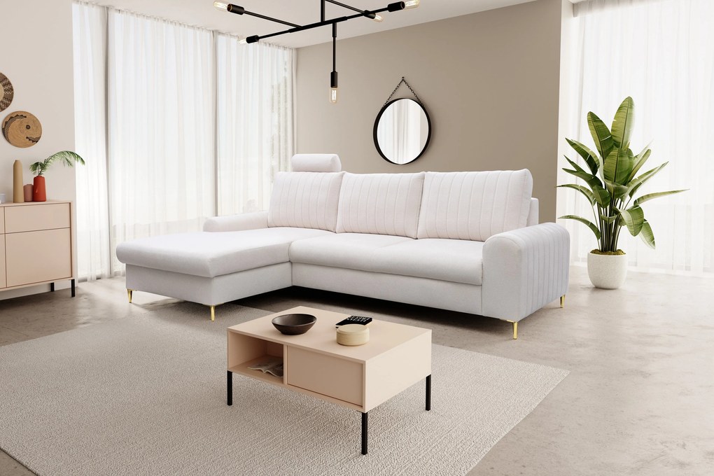 Masseno Narożnik VERONA z funkcją spania i pojemnikiem na pościel Narozniki L, Rozkładana sofa - Kremowy, LOFT 1