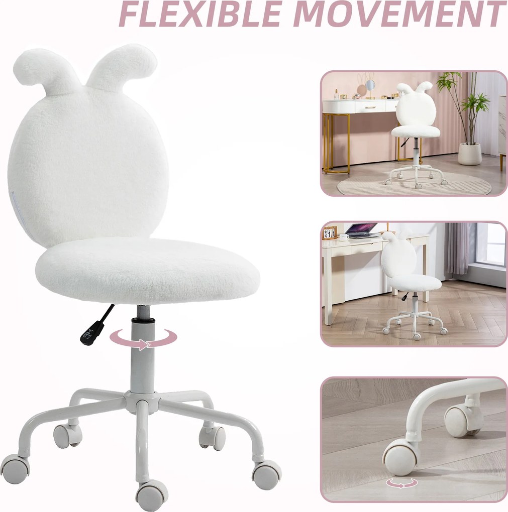 HOMCOM Krzesło Obrotowe z Uszami Królika, Biurowe na Kółkach, z Sztucznego Futra, Białe