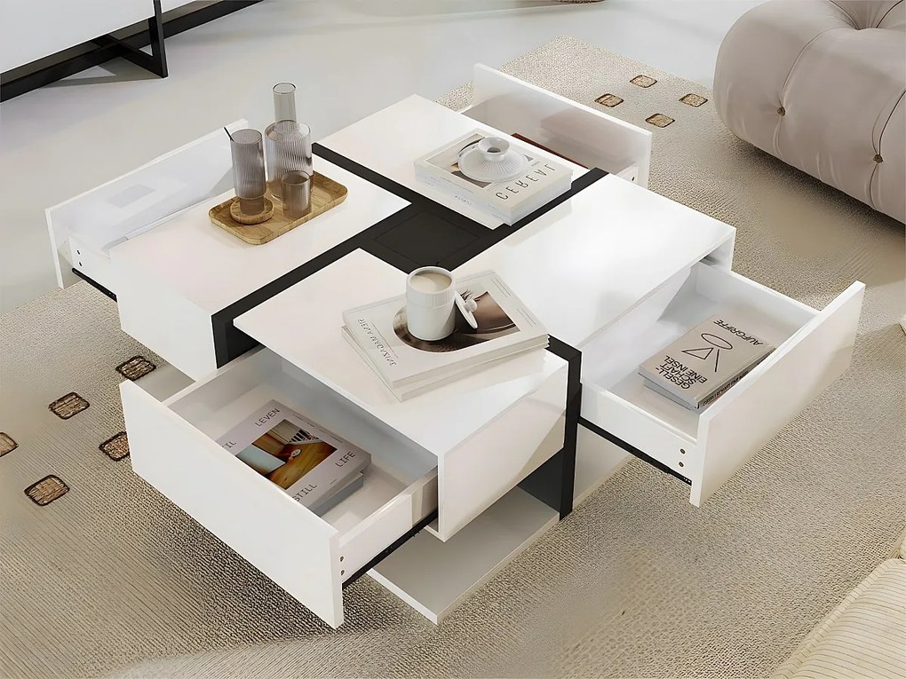 Stolik kawowy - 4 szuflady - przestrzeń do przechowywania na dole - 78x78x36cm - Biały i Czarny