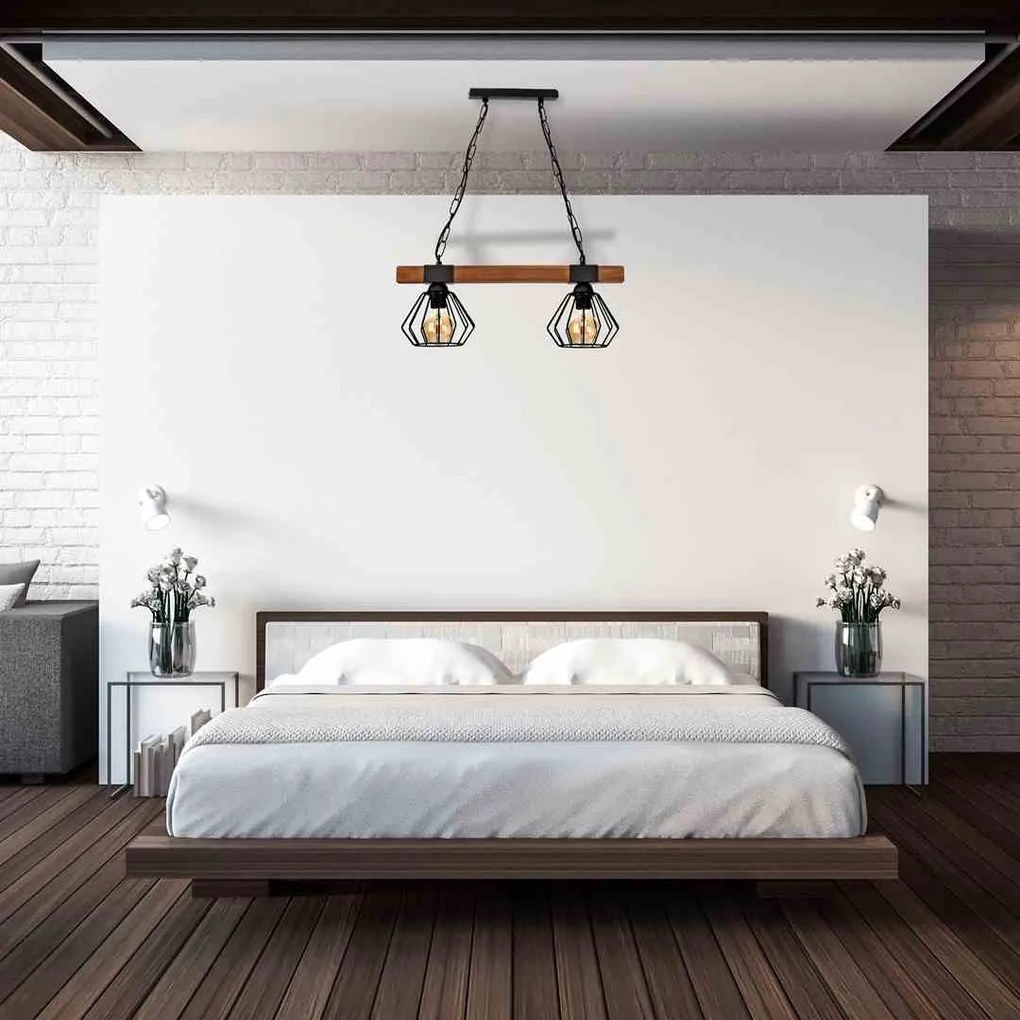 Lampa, podwójna, loft, czarna, drewno wisząca ULF BLACK/WOOD 2xE27
