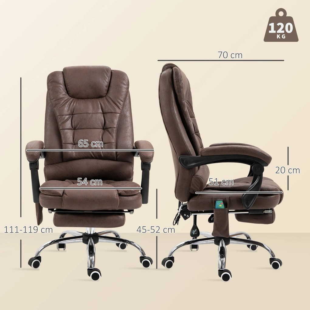 Vinsetto Masujący Fotel Biurowy z Funkcją Leżenia i Ogrzewania, Obrotowy, Ergonomiczny, do 120 kg, Brązowy