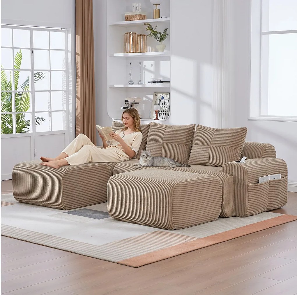 Sofa modułowa 3-osobowa - 268 x 174 x 80 cm - z 2 pufami + uchwytami na kubki + kieszenią do przechowywania - aksamit - khaki