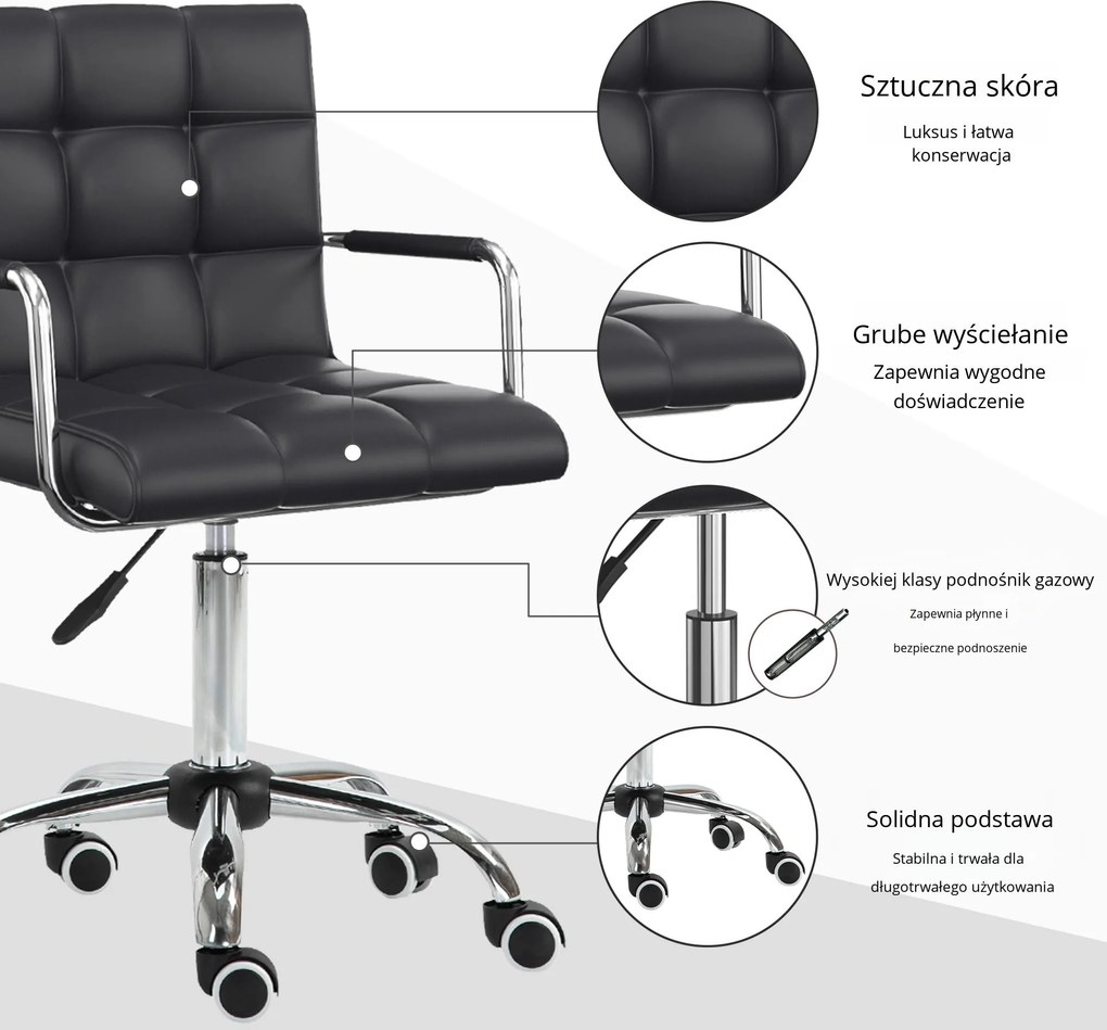 HOMCOM Krzesło biurowe w stylu retro, regulowana wysokość, 5 kółek, 52,5 cm x 54 cm x 99 cm, Czarny