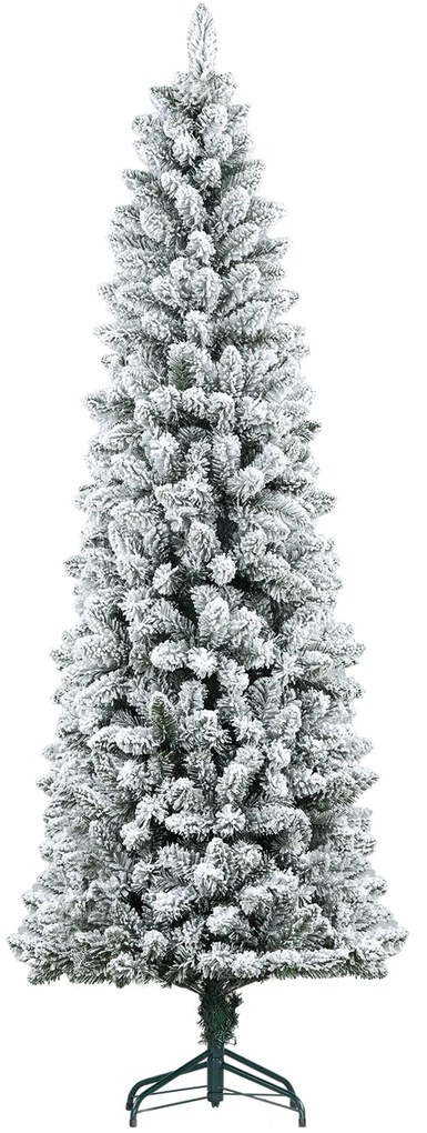 HOMCOM Sztuczna Choinka, niepalna, z efektem śniegu, szczupła, na metalowej podstawie, 75 x 210 cm, Zielona | Aosom PL