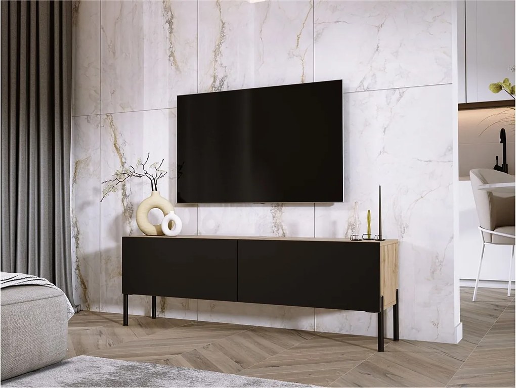 Szafka RTV: Dąb Wotan / Czarny Mat, nogi czarne, 140 x 52 x 32 cm