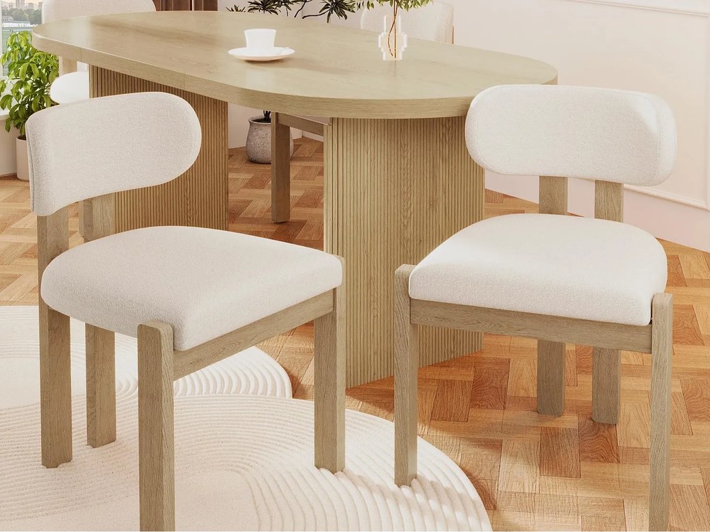 Zestaw 4 krzeseł z litego drewna - Styl nowoczesny - Wygodne oparcie - Konstrukcja z litego drewna - Tkanina bouclé - Naturalny