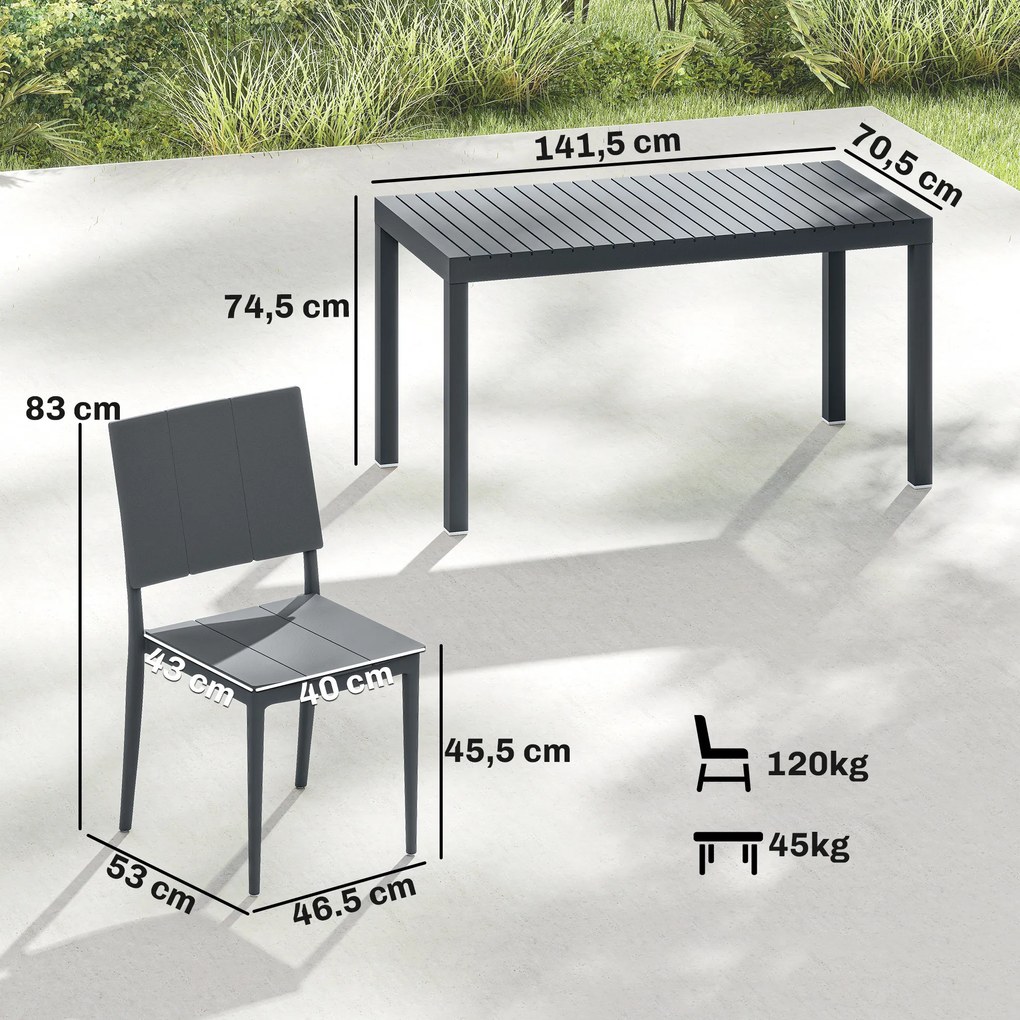 Outsunny Zestaw Mebli Ogrodowych 5-częściowy Stół z 4 Krzesłami Sztaplowanymi Lamelowy Design dla 4 Osób, Ciemnoszary | Aosom PL
