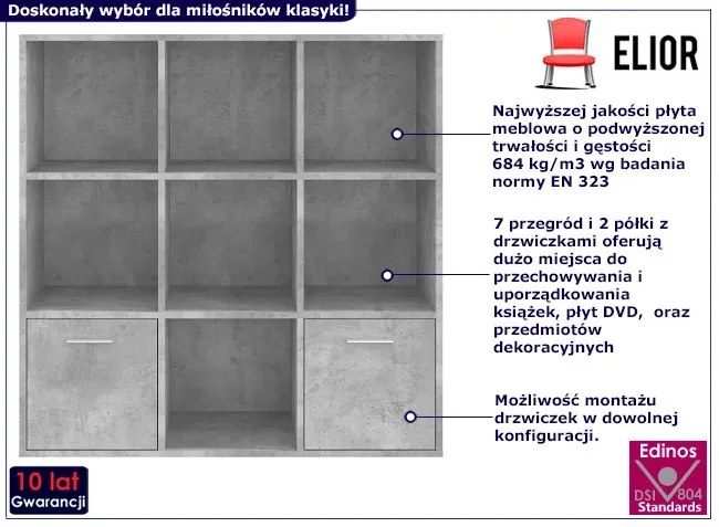 Regał na książki z półkami i 2 drzwiczkami beton - Nero 3X