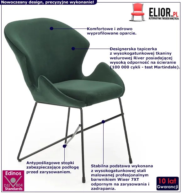 Zielone designerskie tapicerowane welurem krzesło - Anselm 2X