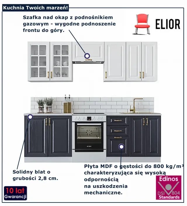 Klasyczne meble kuchenne 240 cm granatowy + biały W1-Z96