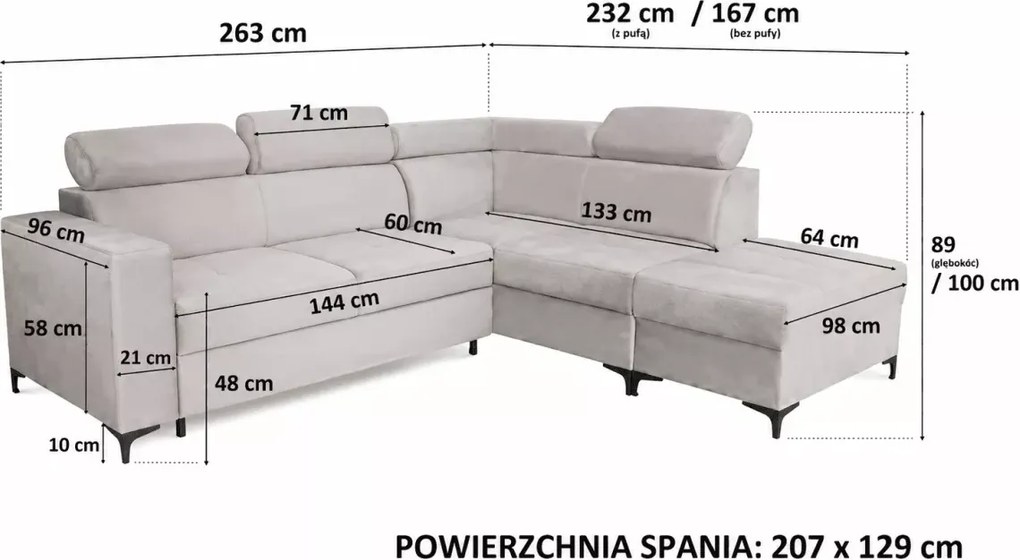 Wygodny narożnik Tauris z funkcją spania, pojemnikiem i regulowanymi zagłówkami