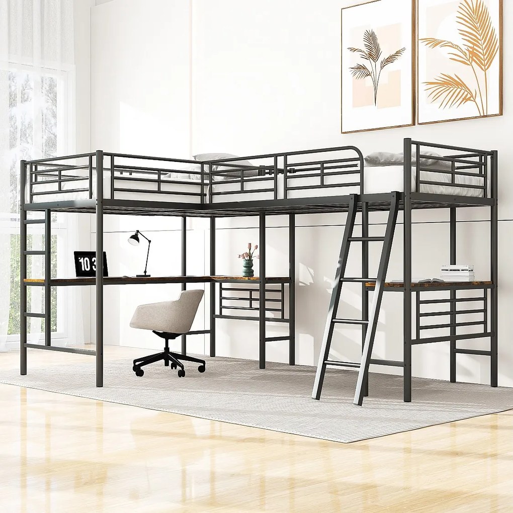 Łóżko antresola dwuosobowe - 2 x 90 x 200 cm - z biurkiem narożnym i drabinkami - metalowe - czarne